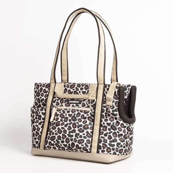 Cleverpup Transit Tote Dog Carrier for Small Dogs Under 8 lbs, 16x11x8 Soft-Sided 4-Pc Set with Waterproof Base, Plush Insert, Food Pouch, Mesh Head Opening - Small, Leopard - Image 9