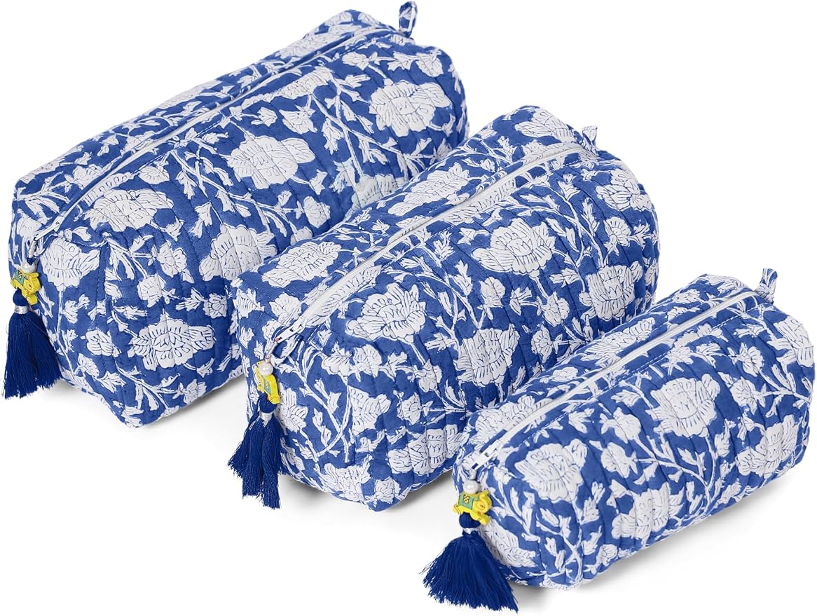 Saffron Marigold Quilted Makeup Bag Set of 3, Hand Block Printed Cotton Cosmetic Bags for Women, Waterproof Lined Travel Toiletry Bag, Coquette Floral Aesthetic, Handmade Gift, Blue Poppy by SaffronMarigold