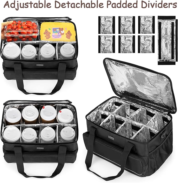 Trunab 8-Cup Drink Carrier for Delivery Insulated Tote Bag, Black | Adjustable Dividers, Handle & Shoulder Strap,Reusable for Beverages,Food Take Out,Outdoors - Image 3