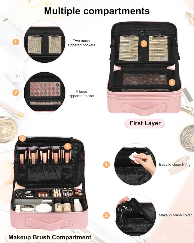 Relavel Makeup Bag Travel Makeup Train Case 13 inches Large Cosmetic Case Professional Portable Makeup Brush Holder Organizer and Storage with Adjustable Dividers and Shoulder Strap (Pink) - Image 3