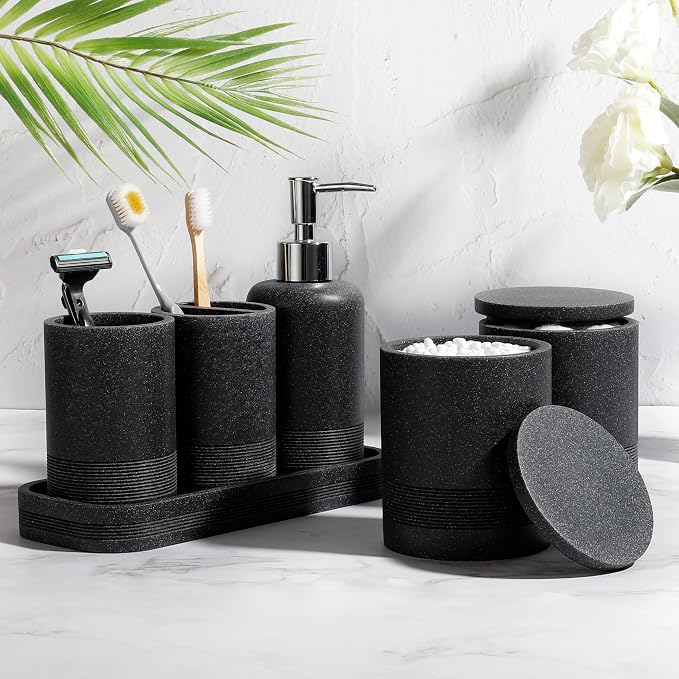 Bathroom Accessories Set, 6-Piece Bathroom Accessory Set, Toothbrush Holders Set, Soap Dispenser, Vanity Tray, Tumbler, Cotton Swab Jars, Bathroom Organizer for Modern Bathrooms(Black) - Image 2