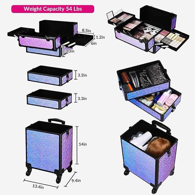 BYOOTIQUE Rolling Makeup Case 4in1 Cosmetology case on wheels Makeup Artist | Aluminum Rolling Makeup Suitcase 360° Detachable Wheel Lockable 54Lb Large Capacity Organizer Nail Tech Mermaid Purple - Image 2