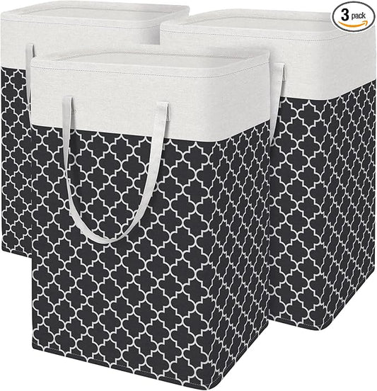 BlissTotes 3-Pack Laundry Basket, Freestanding＆Waterproof Laundry Hamper, Collapsible Tall Clothes Hamper with Easy Carry Handles for Clothes, Towels in the Family and Dorm,Clover Black,75L by BlissTotes