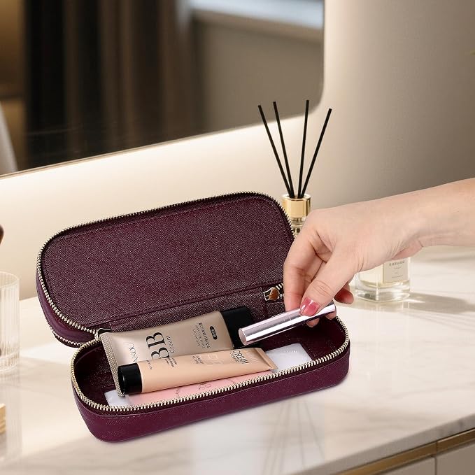 Double Layer Makeup Bag Makeup Brush Case Waterproof Travel Cosmetic & Toiletry Bag Purse Organizer and Car Essentials for Women (Burgundy, 2-Layer SLIM) - Image 3