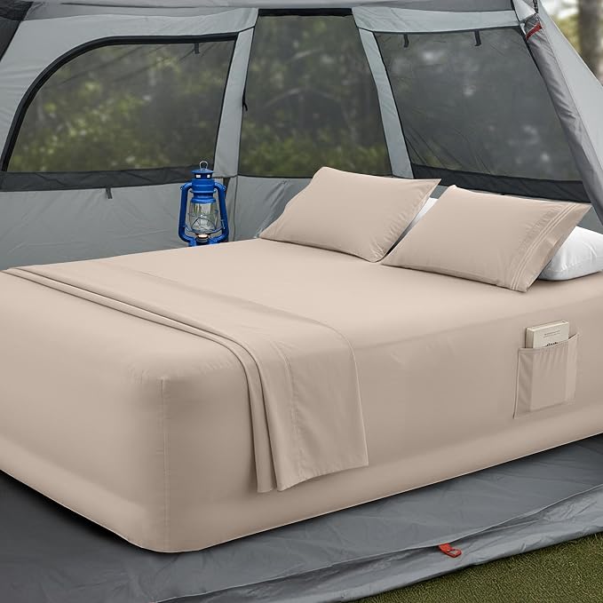 Mocassi 4-Piece Extra Deep Pocket 16-24 Inch Air Mattress Bed Sheet Set- 4PC Sheet Set with Smart Pockets Ideal for Air Beds, RVs, Camping and Guest Rooms Premium Hotel Quality, Full, Cream by MocassiLuxuryBedding