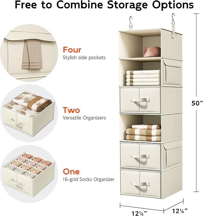 Vailando 6-Shelf Hanging Closet Organizer with 3 Drawers, 6-Shelf Inseparable Closet Organizers and Storage for Wardrobe Organization, Hanging Dresser for Nursury & Dorm Clothes Organizer, Beige - Image 3