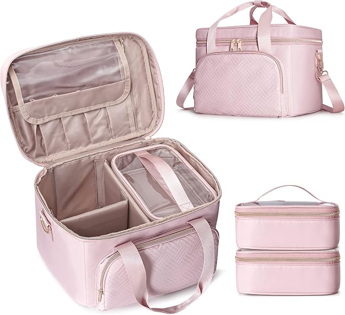 Large Makeup Bag for Women, Cosmetic Case, Travel Makeup Organizer | Large Cosmetic Case with 2 Pouches & Adjustable Dividers, Makeup Organizer Fits Bottle Vertically, Portable Travel Accessory by Prokva