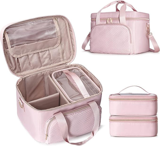 Large Makeup Bag for Women, Cosmetic Case, Travel Makeup Organizer | Large Cosmetic Case with 2 Pouches & Adjustable Dividers, Makeup Organizer Fits Bottle Vertically, Portable Travel Accessory by Prokva