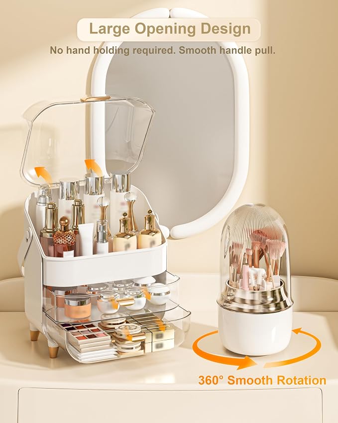 Makeup Organizer Countertop, Skincare Holder Bathroom Counter Organizer, Storage Box Cosmetic Display Cases, Teen Girl Gifts Make up Organizers (White/Brush) - Image 5