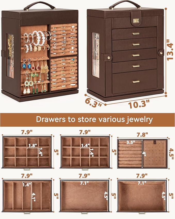AKOZLIN 6-Tier Jewelry Box Organizer Functional 5 Drawers Leather Jewelry Storage Case for Women Girls Ring Necklace Earring Bracelet Holder Organizer with Mirror XL Brown 360° Rotating - Image 4