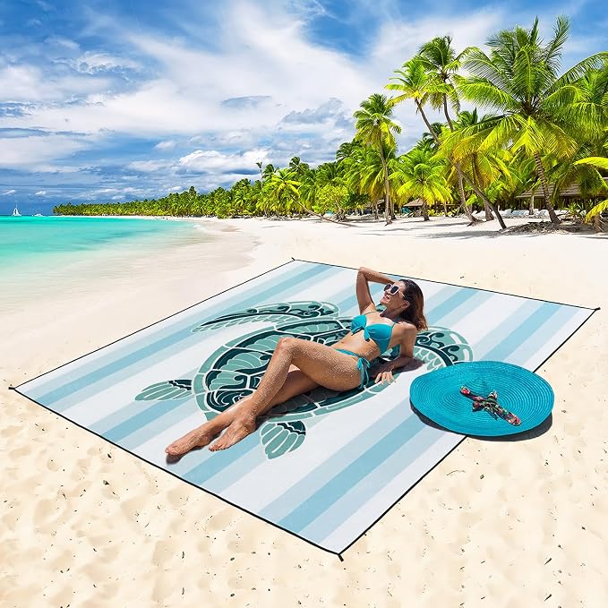 WIWIGO Beach Blanket Sandproof Extra Large Beach Mat Adults Waterproof Quick Drying Sand Free Mat Made By Premium Polyester with 4 Stakes & 4 Corner Pockets for Outdoor Travel Camping Hiking - Image 5