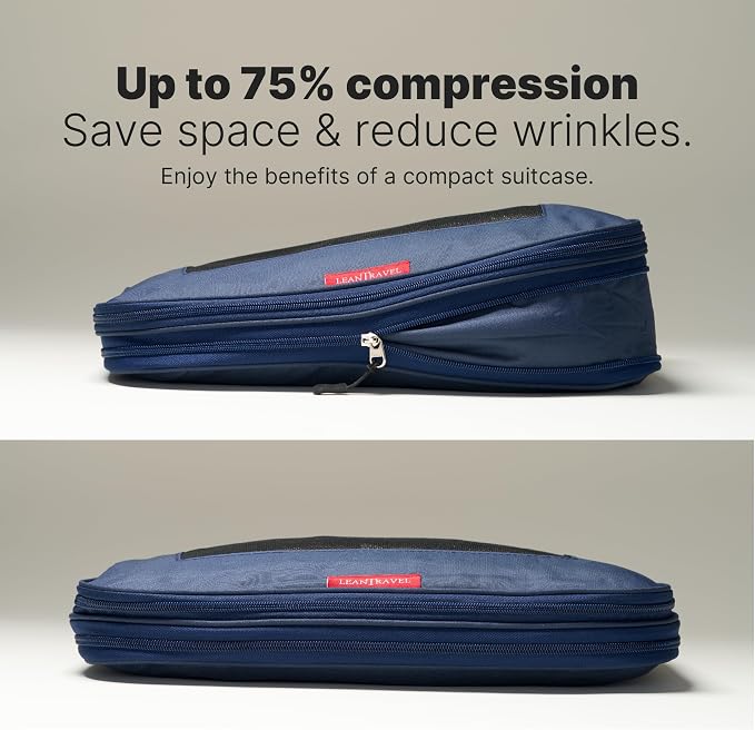 LeanTravel Premium Compression Packing Cubes for Travel - Suitcase Organizer Bags with Double Zipper & Breathable Mesh Panel - Space Saving Carry On Luggage Essentials (4-Pack, Navy Blue) - Image 3