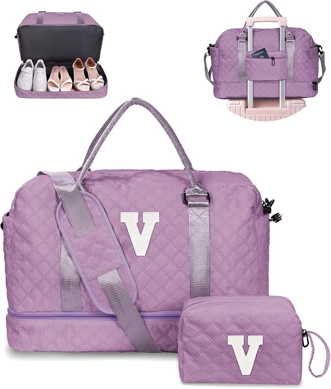 Birthday Gifts for Women - Duffle With Shoe Compartment, Personalized Weekender, Monogram Overnight Bag, Letter Travel With Makeup Bag, Preppy Gifts for Girl (Letter V) by Vogewood