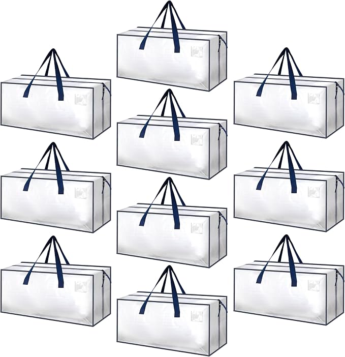 HealSmart 10 Pack Extra Large Moving Bags with Zippers & Carrying Handles, Heavy-Duty Storage Tote Moving Boxes for Dorm Room Essentials Storage Bags, Clear by HealSmart
