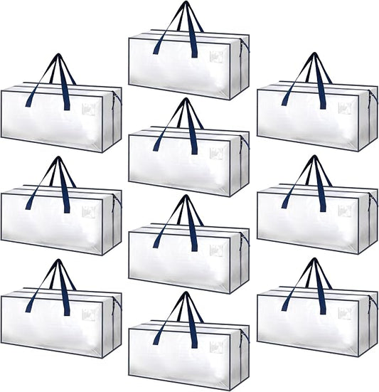 HealSmart 10 Pack Extra Large Moving Bags with Zippers & Carrying Handles, Heavy-Duty Storage Tote Moving Boxes for Dorm Room Essentials Storage Bags, Clear by HealSmart