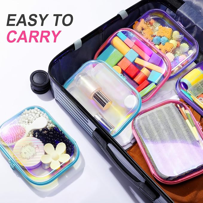 Sanwuta 6 Pcs Clear Hard Zipper Case Plastic Zipper Pouches Transparent Makeup Bag Pencil Case Pouches Toiletry Diaper Bag for Travel Toy Storage Organizer Bins(Holographic,7.87 x 5.9 x 2 Inch) - Image 6