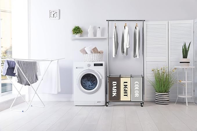 Simple Houseware 3 Bags Laundry Sorter Cart with Hanging Rod, Multi Color | Extendable Width from 30.6 to 48", Removable 3-Section Laundry Basket - Image 6