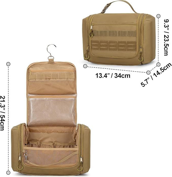 Tactical Toiletry Travel Bag for Men, Hanging Dopp Kit Hygiene Bag Shower Organizer with Hook for Toiletries and Shaving Care, Khaki (Empty Bag) - Image 7