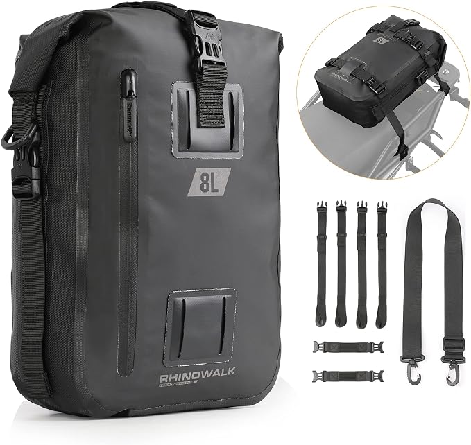 Rhinowalk Motorcycle Tail Bag, Travel Luggage Bags, Waterproof Rear Carrier, Motorcycle Rear Seat Bag Backpack, Rear Rack Trunk - Black 8L by Rhinowalk