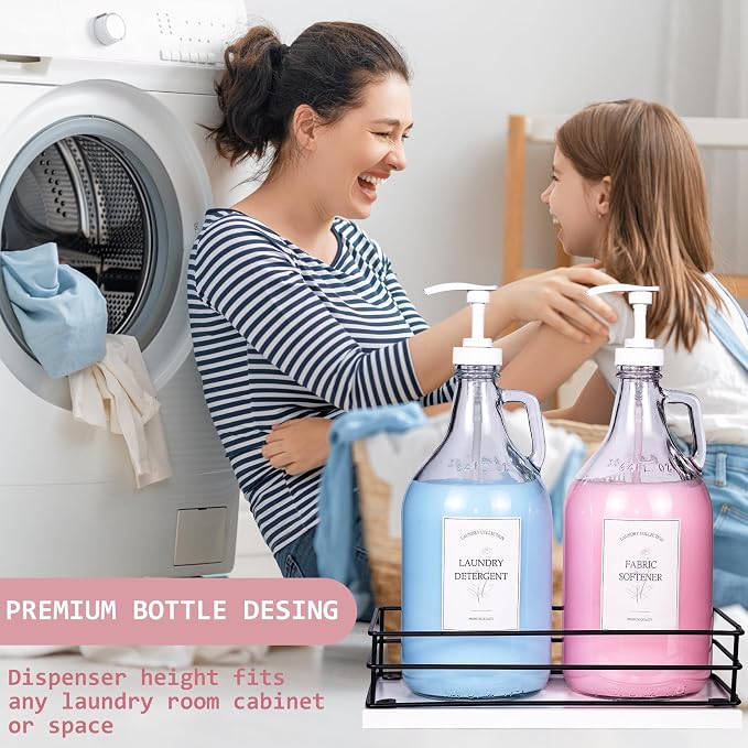 2 Pcs Glass Liquid Laundry Detergent Dispenser, Half Gallon Dispenser for Laundry Room (64 oz. Each), Laundry Detergent Bottles with Pump Dispenser -Includes Labels, Measuring Cups,Wooden Stand - Image 5