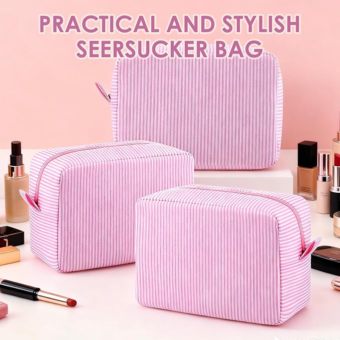 Sanwuta Seersucker Cosmetic Bag Bulk Striped Makeup Bag for Women Aesthetic Cute Travel Toiletry Organizer Preppy Storage Pouch for Wedding Bridesmaid Mother's Day Teacher Gift(Large,Pink,6) - Image 5