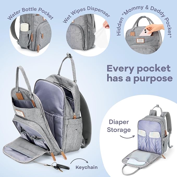 RUVALINO Diaper Bag Backpack-Multifunction Travel Baby Diaper Bag with Changing Pad, Insulated Bottle Holders & Pacifier Case, Large Capacity, Waterproof, Gray - Image 2