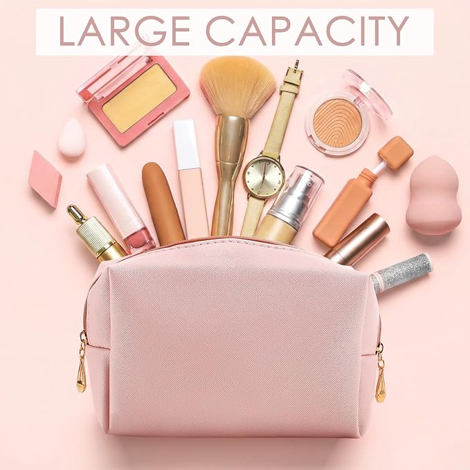 2 Pcs Makeup Bag Bulk PU Leather DIY Cosmetic Plain Preppy Makeup Pouch Portable Waterproof Toiletry Bags for Women Travel Pencil Case Cosmetic Organizer (Pink and Beige) - Image 3