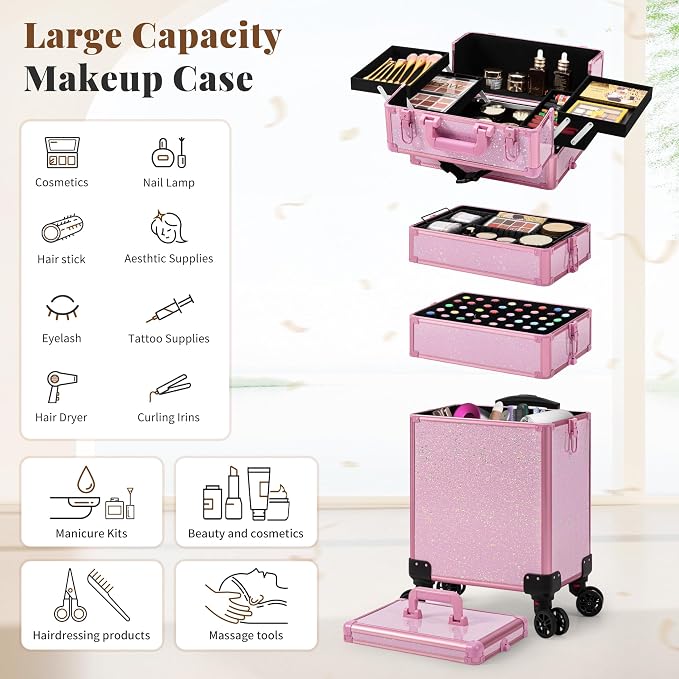 AROUS Rolling Makeup Train Case Large Storage Cosmetic Trolley 5 in 1 Large Capacity Trolley Makeup Travel Case with Key Swivel Wheels Salon Barber Case Traveling Cart Trunk, Pink - Image 4