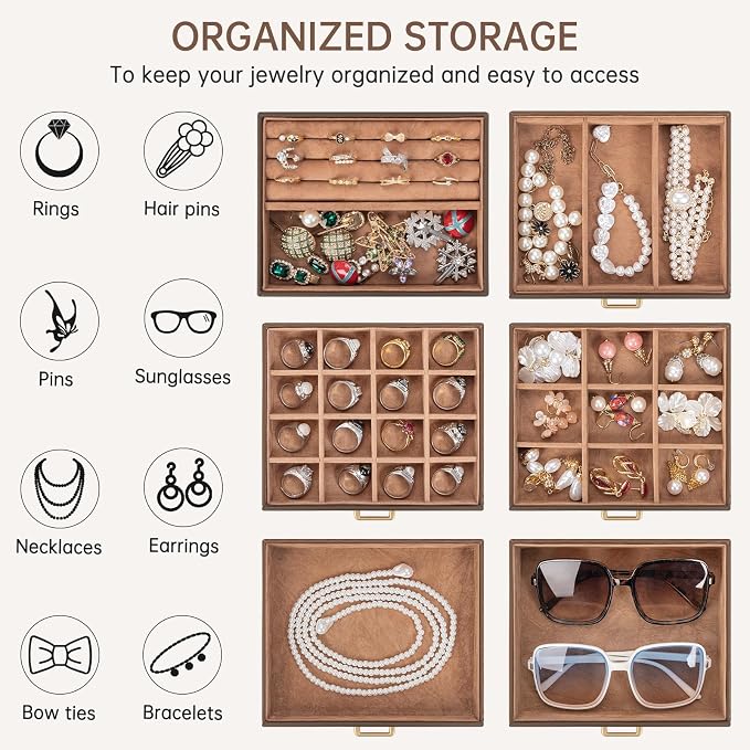 AKOZLIN 6-Tier Jewelry Box Organizer Functional 5 Drawers Leather Jewelry Storage Case for Women Girls Ring Necklace Earring Bracelet Holder Organizer with Mirror Medium Brown - Image 3