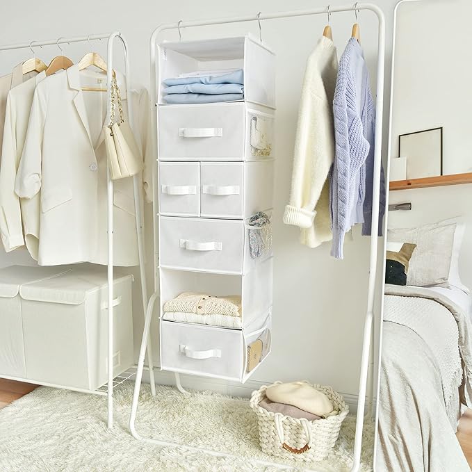 GRANNY SAYS Hanging Closet Organizer and Storage, 6 Shelf Clothes Organization with Drawers, 6 Side Pockets Closet Hanging Shelves for Bras, Socks, Underwear, Nursery Room, Wardrobe, White, 1-Pack - Image 8