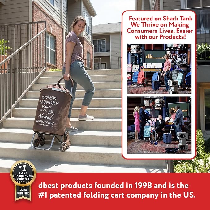 dbest products Stair Climber Laundry Trolley Dolly, Brown Laundry Bag Hamper Basket cart with wheels sorter - Image 7