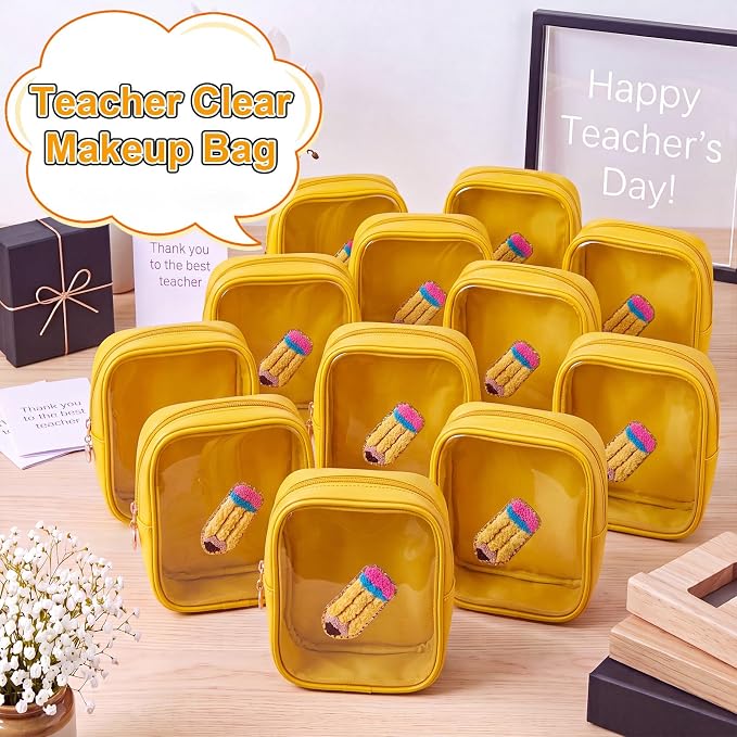 12 Pack Back to School Clear Makeup Bag PVC Cosmetic Pouch with Yellow Crayon Embroidery Small Waterproof Leather Travel Bag for Women, Teacher Appreciation Gifts - Image 4