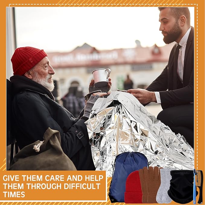 Coume 192 Pcs Christmas Homeless Care Package Supplies Winter Beanies Gloves Neck Warmer Sock Emergency Thermal Blankets Drawstring Bags Toothbrushes and Combs for Men Women Outdoors Winter Homeless