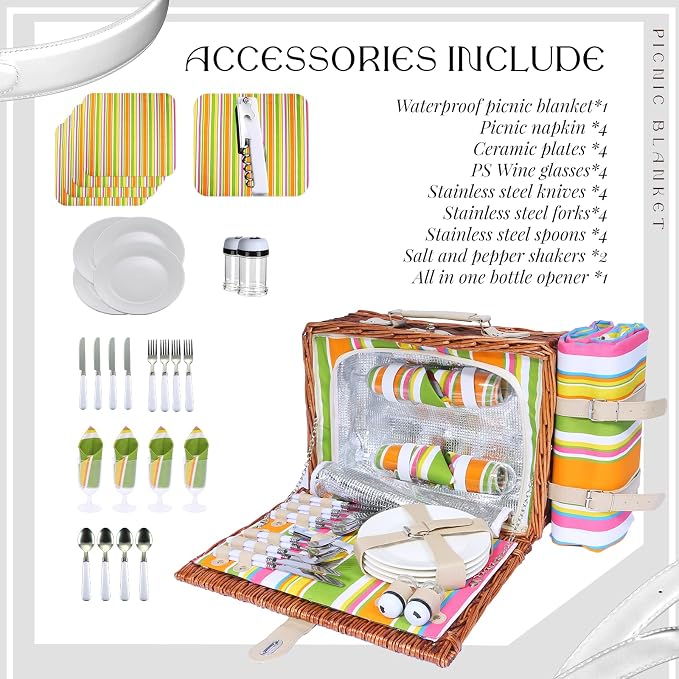 Picnic Basket Set for 4 with Waterproof Blanket Mat Insulation Bag Wicker Rainbow Stripe Cute Hawaiian Tropical Gift for Wedding Birthday Summer Camp Outdoor Camping Beach Travel Christmas - Image 4