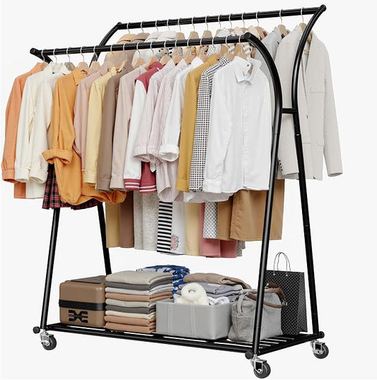 Raybee Clothes Racks for Hanging Clothes, Clothing Rack with Sturdy Wheels Load 360LBS, Portable Double Rod Garment Racks for Closet, Bedroom, Commercial Use, Black by Raybee