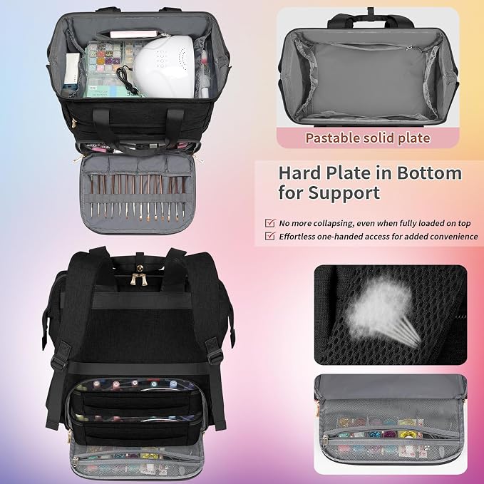 LTINVECK Nail Polish Organizer Case Backpack Holds 70 Bottles (15ml/0.5fl.oz)& Nail Lamp, 2 Layers Detachable Nail Kit Storage Case, Large Travel Nail Supplies Shoulder Bag for Manicure Tools (black) - Image 3