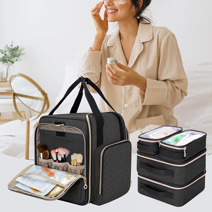 LUXJA Travel Makeup Bag with 4 Inner Removable Makeup Cases, Black | Large Cosmetic Bag with Multiple Storage Sections, Detachable Shoulder Strap, Trolley Sleeve, Transparent Cover - Image 2