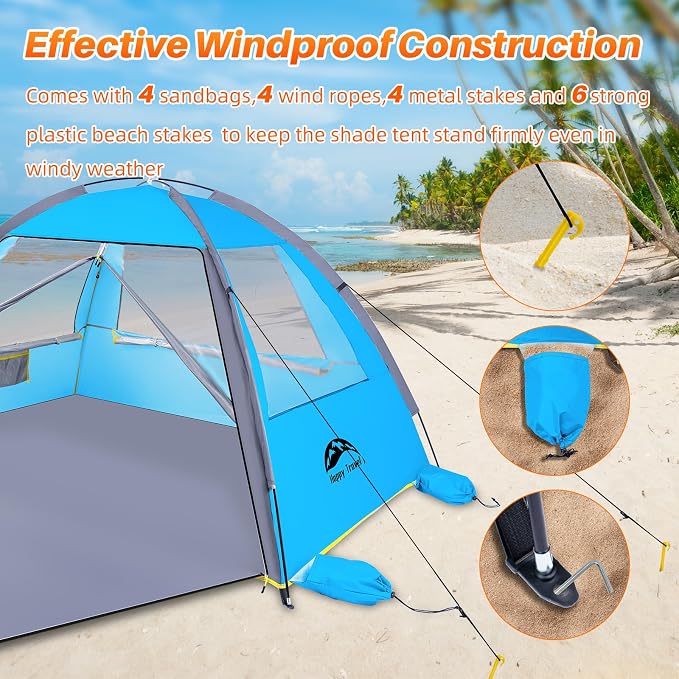 Happy Travel Beach Tent, UPF 50+ UV Protection Sun Shade Shelter for 3/4/5/6/7/8 Person, Portable Beach Canopy for Family & Baby, Lightweight & Easy Setup Beach Cabana with 3 Ventilation Mesh Windows - Image 6