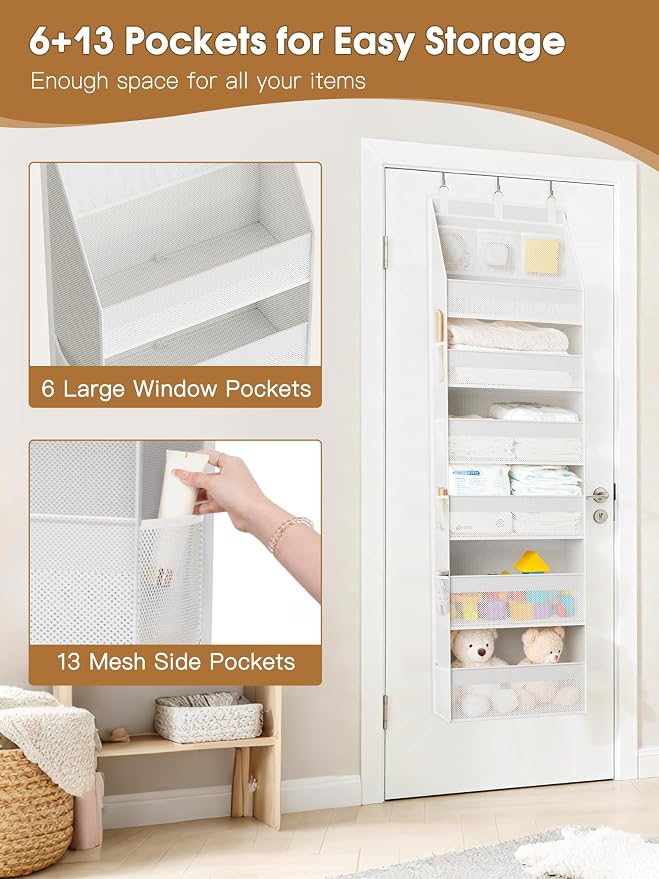 Criusia Over the Door Organizer, Heavy-Duty 6-Shelf Hanging Storage with 13 Mesh Pockets, 55lbs Capacity Behind the Door Storage for Nursery, Bathroom, Bedroom, and Dorm, White - Image 5