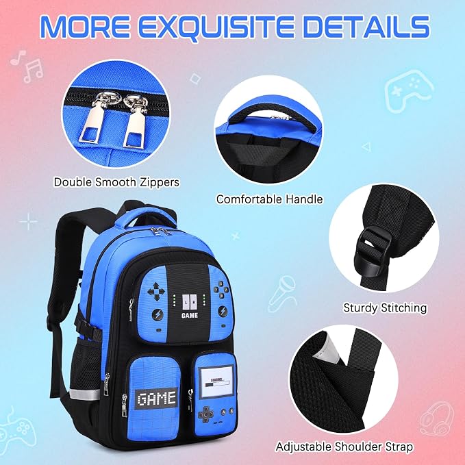 Jafeton Gamer Backpack for Boys, 3PCS Boys Backpack with Lunch Box & Pencil Pouch, Waterproof School Bags for Boy Kids Children Teens, Elementary Middle School, Kids Book Bag Casual Daypack (Blue) - Image 5