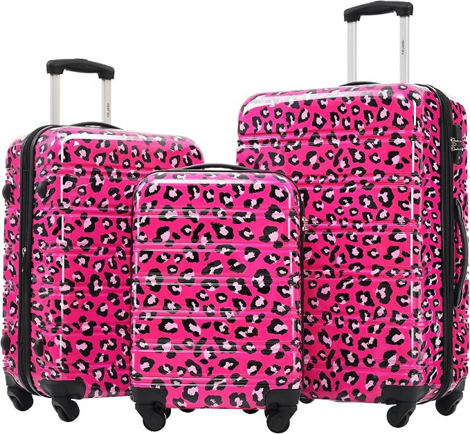 Merax Luggage Sets 3 Piece,Hardside Expandable Suitcase Set 20+24+28 IN | Lightweight Leopard Luggage with Spinner Wheels,Leopard Hot Pink by Merax