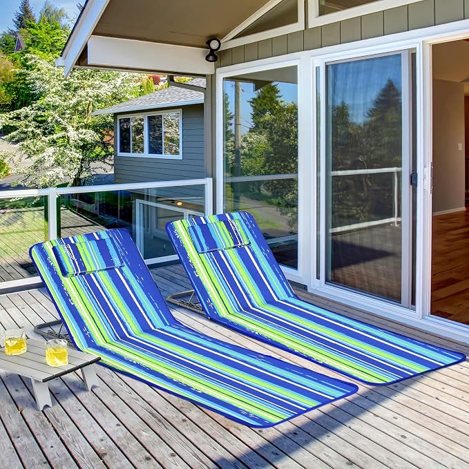 GYMAX Beach Chairs, Folding Tanning Lounge Chairs with Table Set, Adjustable Patio Floor Chair, Outdoor Sunbath Chair with Desk, Pillow & Storage Bag for Outside, Patio, Poolside (Blue Stripe) - Image 6