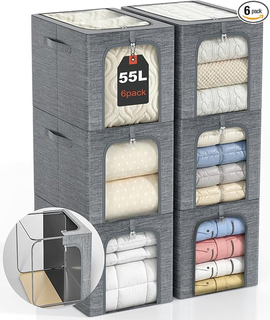 GoMaihe Blanket Storage Bins with Metal Frame, 6-Pack Large Closet Storage Bins with Lid & Clear Window, Comforter Bedding Storage Organizer for Walk-in Closet Cationic Fabric 55L by GoMaihe