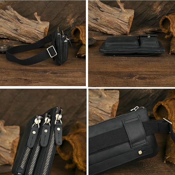 Water Resistant Canvas + Leather Hiking Riding Travel Fanny Waist Pack Small Phone Pouch For Men Women FB811-29 (100% Leather-Thick Black) - Image 5