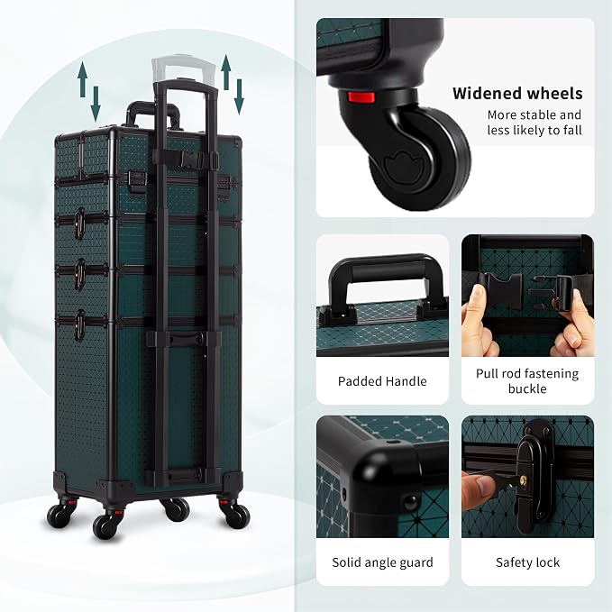 AROUS Rolling Makeup Train Case 4 in 1 Cosmetology Case on Wheels Large Storage Cosmetic Trolley with Key Salon Barber Traveling Cart Trunk, Green - Image 8