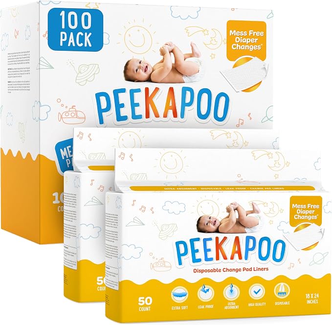 Peekapoo Disposable Baby Changing Pad Liners - Original Brand - 100 Pack | Super Soft, Waterproof, Ultra Absorbent, Fragrance-Free, No Dyes, 24 x 18 Inch, Portable, Travel-Friendly, BPA & PFAS Free by PEEKAPOO