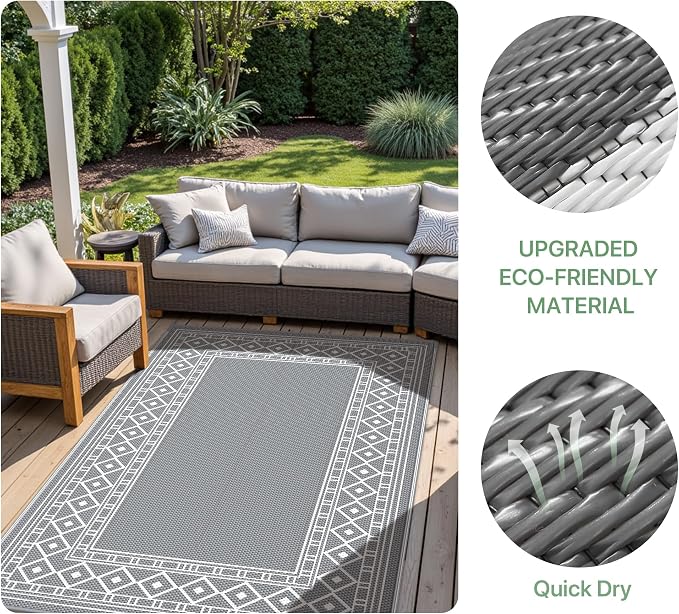 GENIMO Outdoor Rug, Waterproof Plastic Rugs for Patio, 8'x10' Grey White | Outside Larger Modern Carpet Mat for Porch Decor, Deck, Balcony, Camping, RV, Backyard, Picnic, Beach, Reversible - Image 7
