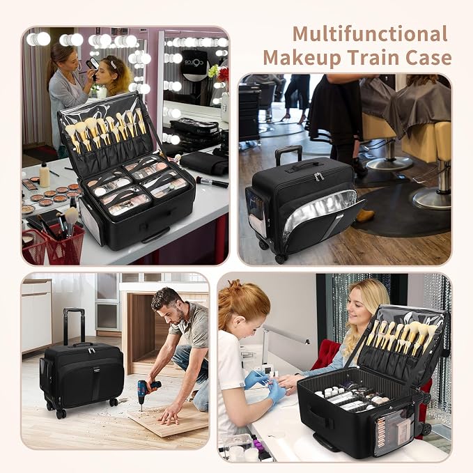 Large Rolling Makeup Case，Professional Makeup Artist Bag with 4 Small Bag Makeup Case, Adjustable Dividers, Portable Travel Supply Station for Cosmetics Storage Organizer Trolley Suitcase Makeup Cart - Image 7