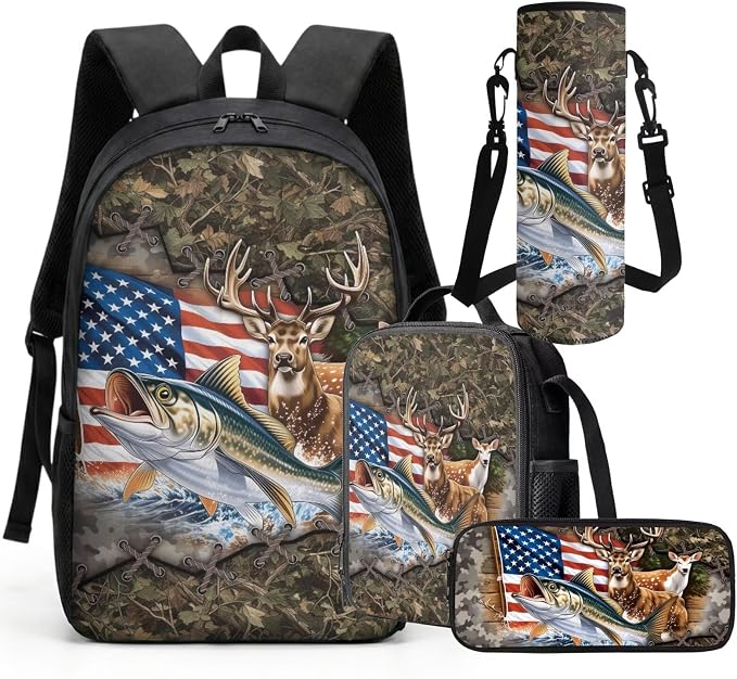 GIFTPUZZ 4 Piece Camouflage Deer Fish American Flag Backpack Set for Kids | Patriotic Bookbag with Lunch Box for Boys Elementary School, Zip up Pencil Case Pouch, Water Bottle Sleeve, Ages 6-8 - Image 8