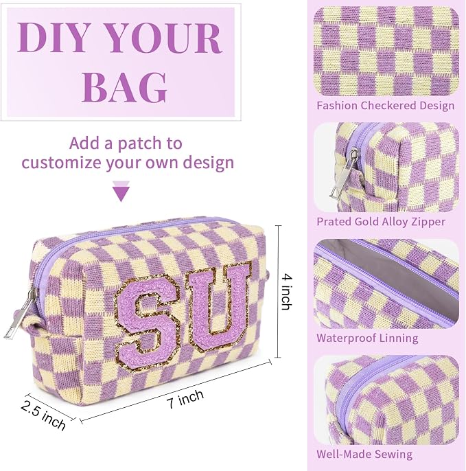SOIDRAM Checkered Makeup Bag Preppy Cosmetic Bag Bulk Purple Makeup Pouch Personalize Travel Toiletry Bag Organizer Cute DIY Makeup Brushes Storage Bag for Women - Image 3